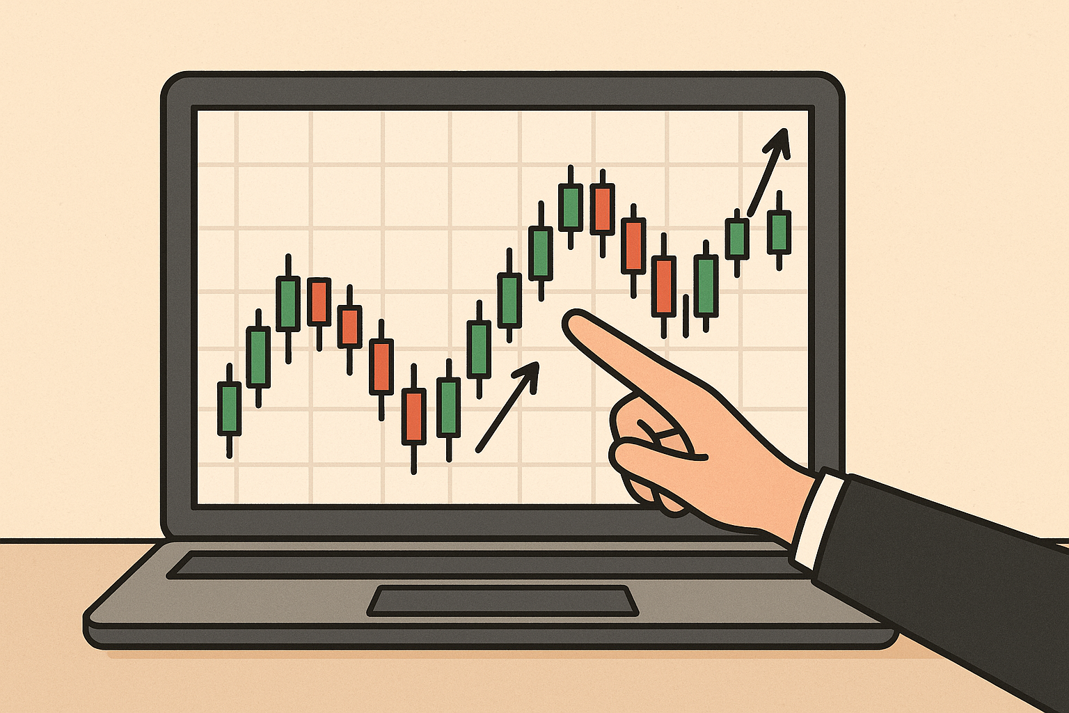 Hand pointing at rising stock chart